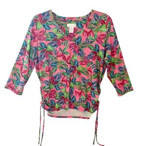 Stella Parker Pink Floral‎ Print 3/4 Sleeve V-Neck Top XL